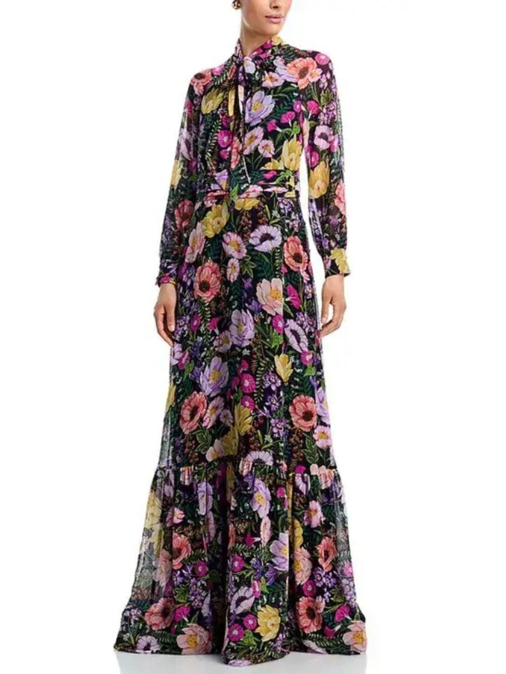 Rickie Freeman for Teri Jon Floral Print Tie Neck Chiffon Gown Belted Size 6 NWT